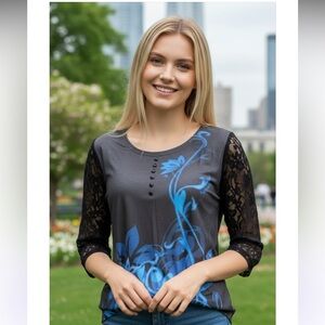 Cute long too black with pretty blue design! Sheer lace sleeves